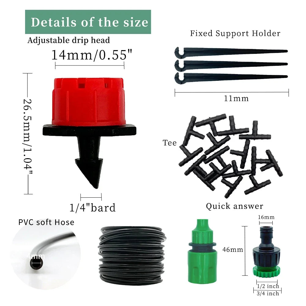 DIY drip irrigation drip head and tee connectors with size details and quick support holder