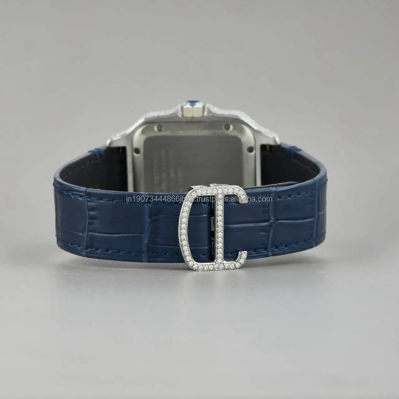 Harmonic Jewels High-End Diamond Square Women's Automatic Watch Sapphire Crystal Analog Stainless Steel Case Blue Leather Strap