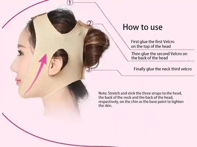 Beige elastic face-slimming bandage worn on the head and chin, with numbered labels and instructions for use.