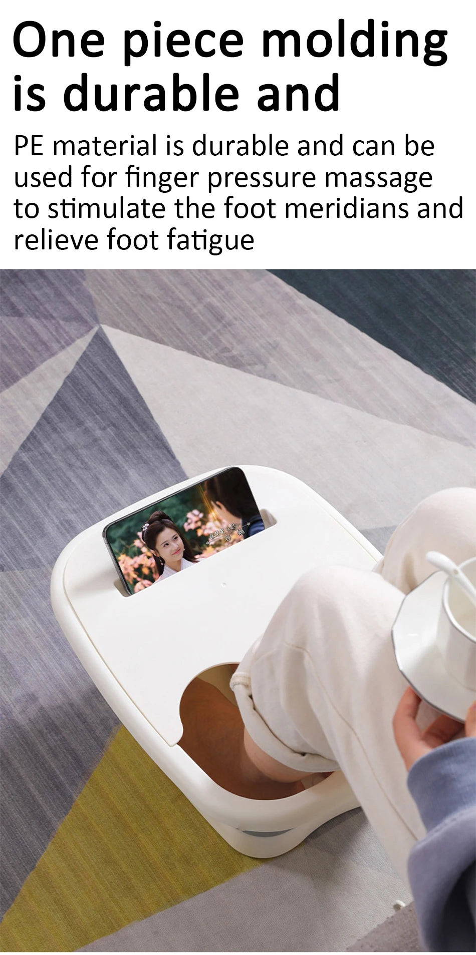 Portable foldable white foot bath tub with phone stand, ergonomic design for home spa and stress relief.