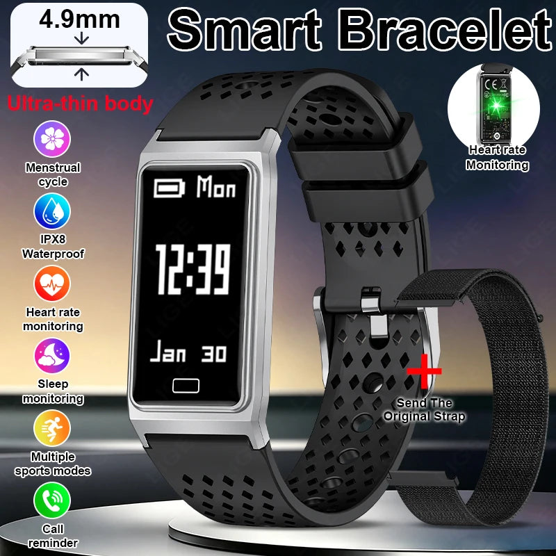Ultra-thin smart bracelet with silver frame and black perforated strap and rectangular display