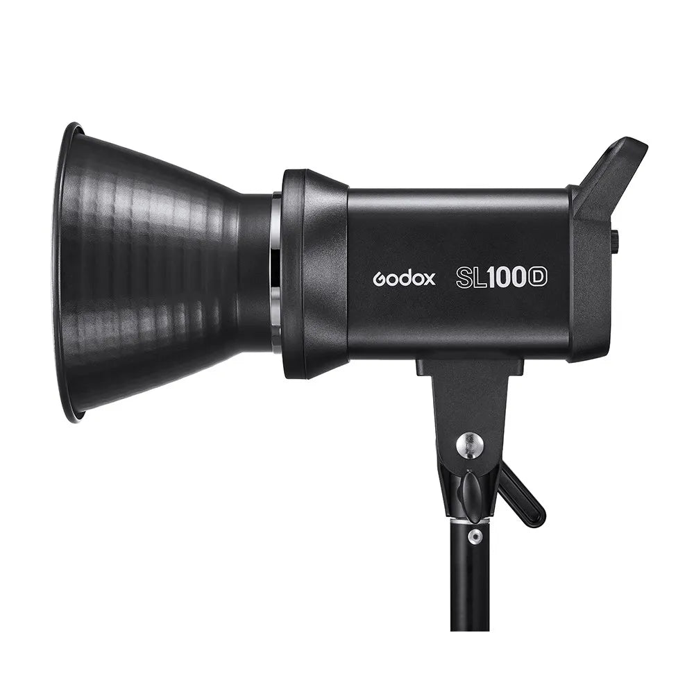 Black SL100D LED video light with a conical reflector, mounted on a stand for studio photography and videography.