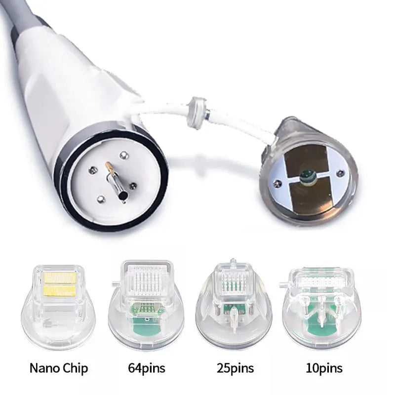 Portable fractional RF skin tightening device handle with interchangeable 10, 25, 64-pin and nano chip tips for spa.