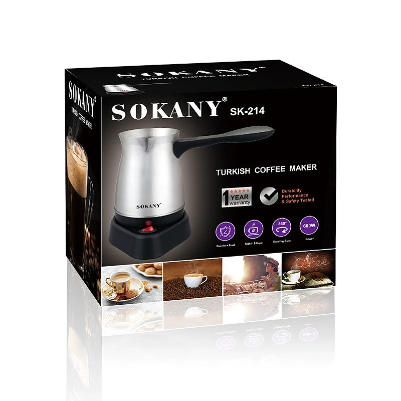 Sokany SK-214 stainless steel Turkish coffee maker, 500ml capacity, 600W power on display box.