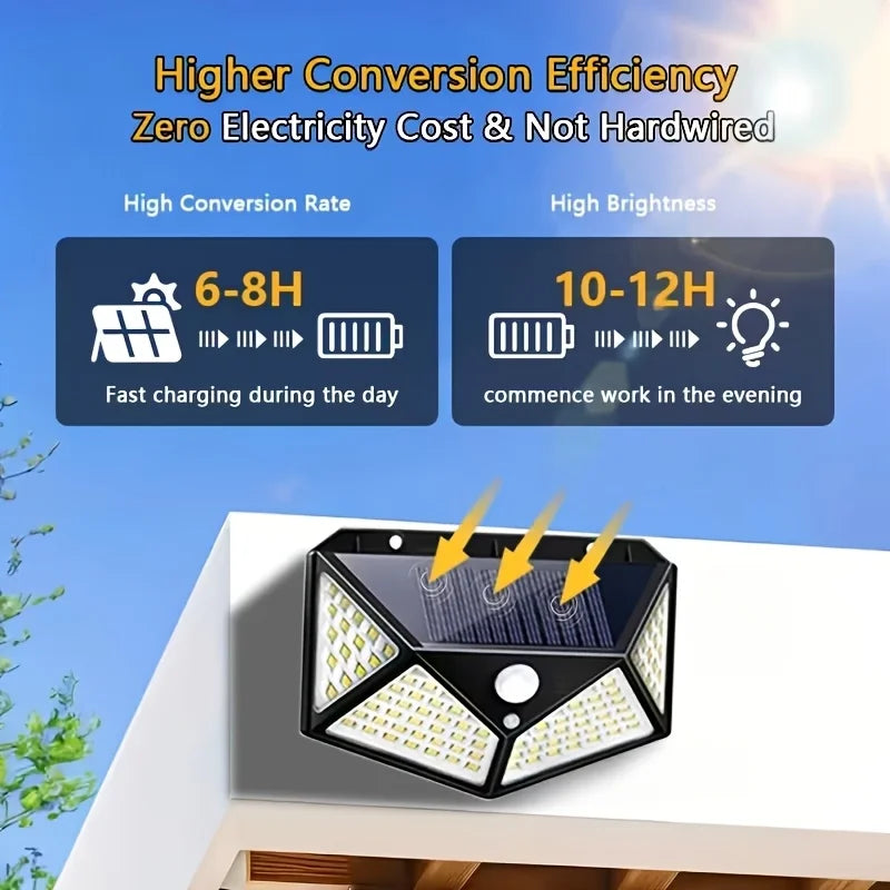 6/4 Pack 100 LED Solar Wall Lights, IP44, Solar Powered with 6-8 Hours Battery Life, Built-in Motion Sensor Auto On, 6500K Color Temperature, Ideal for Street, Courtyard, Mall And Parking Lot Lighting, Ideal Gift for Family