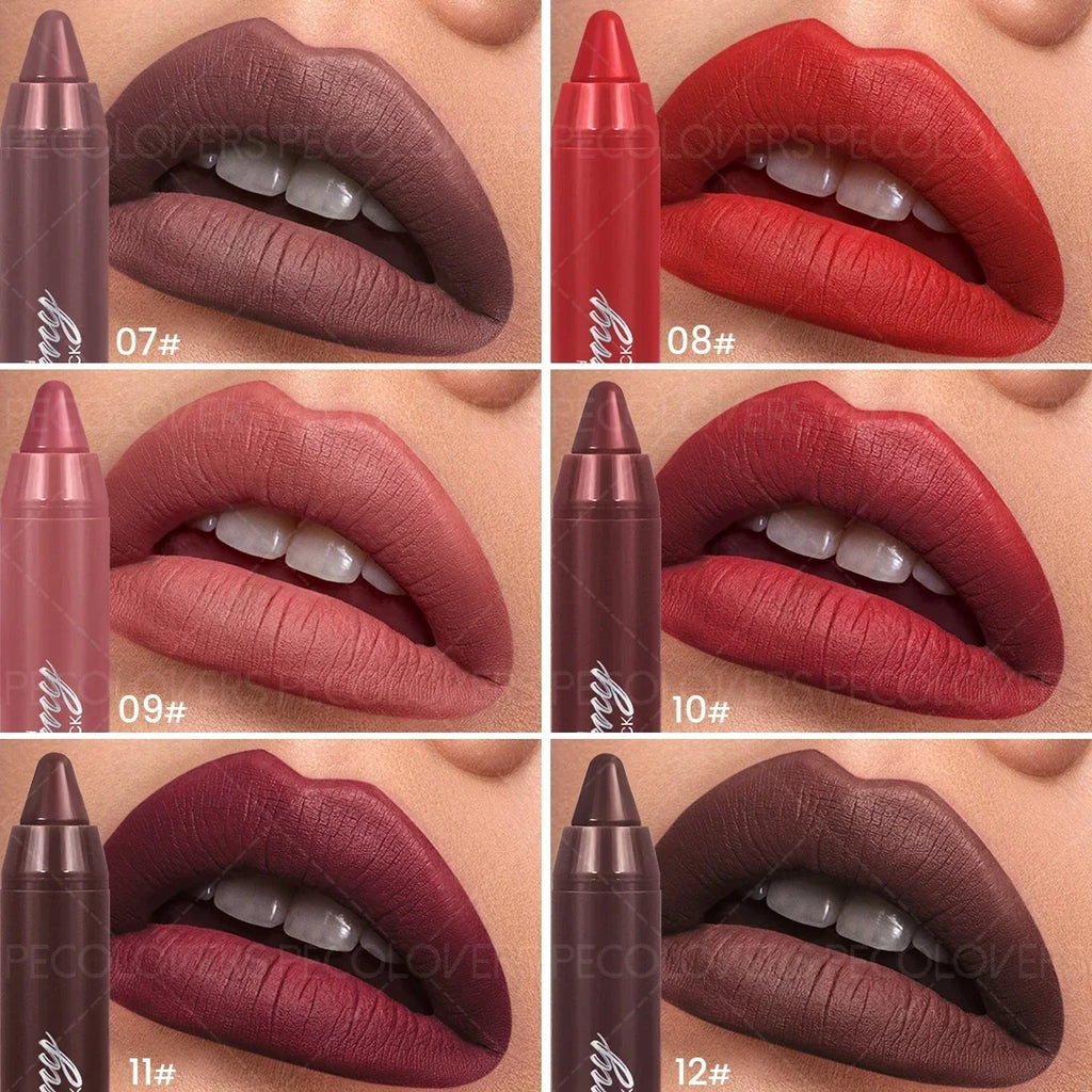 Soft matte lip crayon set in 6 shades, from nude to deep red, featuring highly pigmented moisturizing lip makeup.