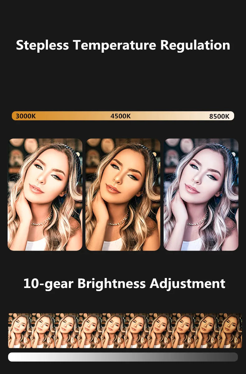 LED ring light with adjustable color temperatures (3000K–8500K) and 10 brightness levels for photography lighting.