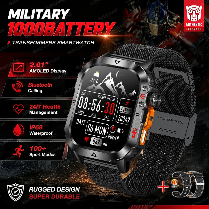 Black rugged men’s smartwatch with dark face and black mesh-style band