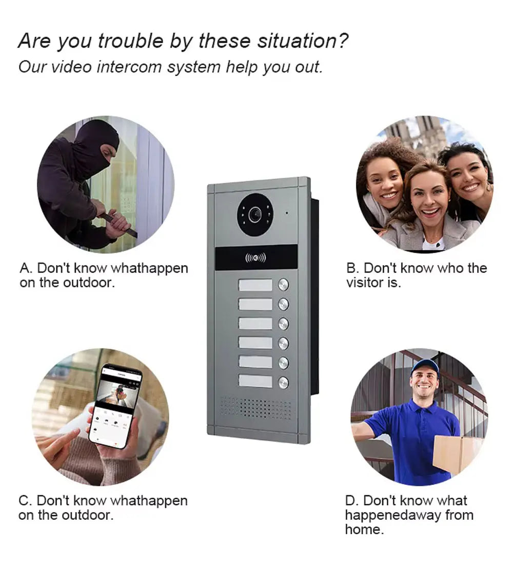 7 inch Touch Screen Video Doorbell Intercom 4 Wired Tuya WiFi Video Doorphone System for 5/6/8 Family Apartment RFID Card Unlock