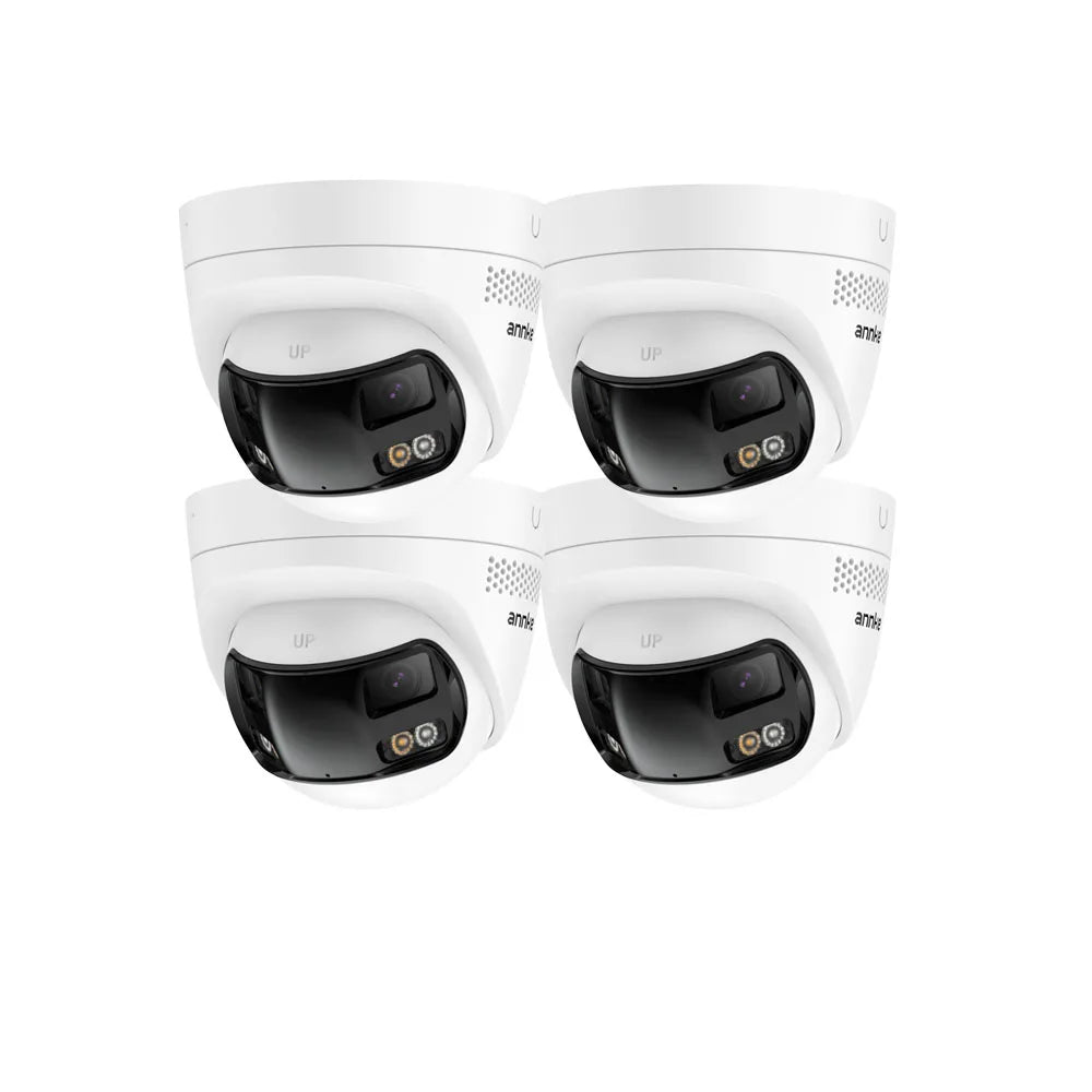 Four-pack of white dual-lens outdoor security cameras with lens covers