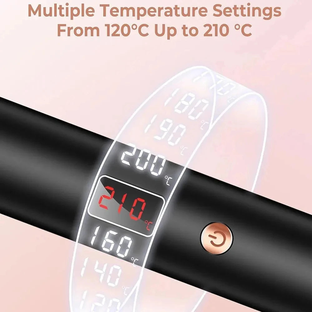 Black 3-in-1 ionic hair styler with digital LED temperature display, 120°C-210°C adjustable heat, and power button.