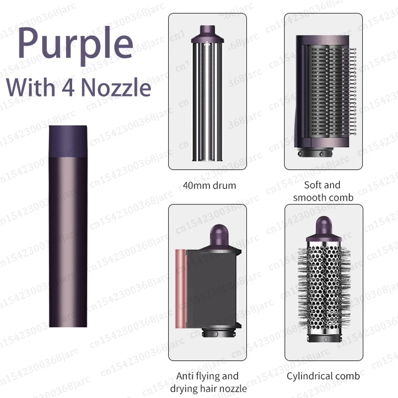 Purple SenCiciMen X9 5-in-1 hair dryer styler with 4 attachments, curling barrel, and volumizing brushes for salon hair.