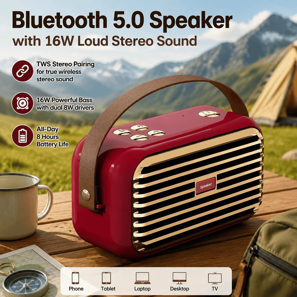 Bluetooth Speaker Portable Outdoor Wireless TWS Stereo Pairing 16W Powerful Deep Bass Sound Bluetooth 5.0 Speaker With Multiple Play Modes All-Day Battery Life IPX6 Waterproof For Camping Travel Party Home Desktop Audio Stere