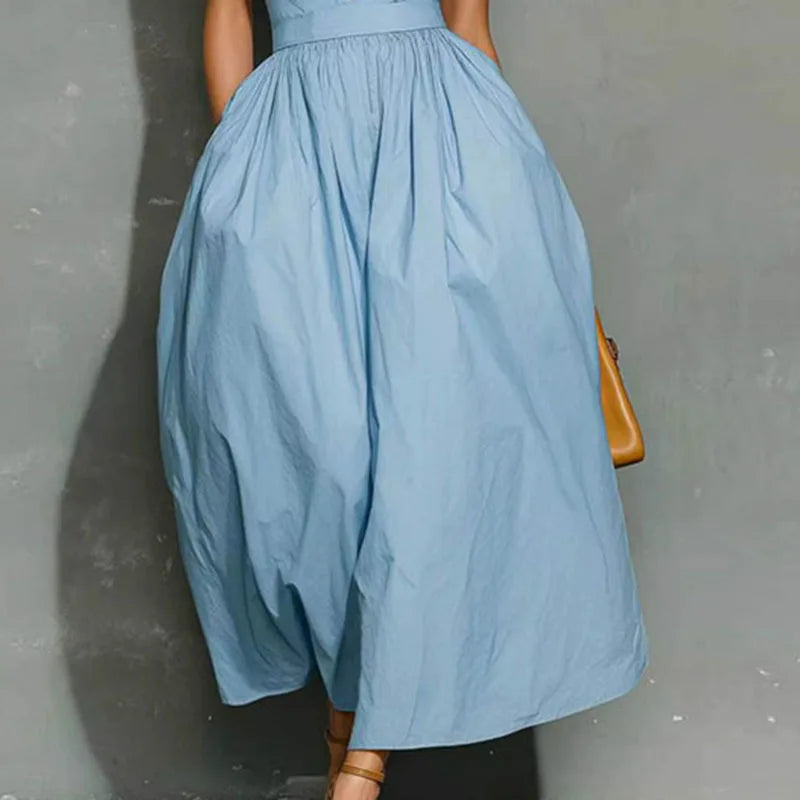 French Elegant Lapel Neck Button Maxi Dress Woman Spring Solid High Ruched Waist Long Dresses Summer Sleeveless Loose Boho Dress