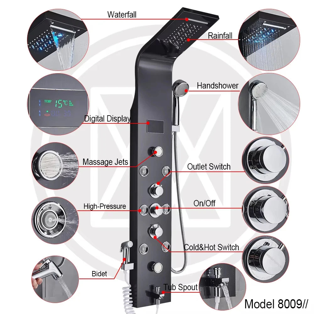 LED Light Shower Faucet Bathroom SPA Massage Jet Shower Column System Waterfall Rain Shower Panel Bidet Sprayer Tap
