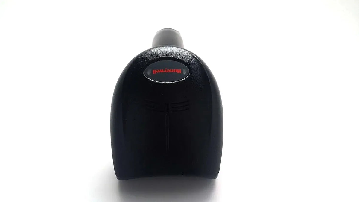 2D handheld barcode scanner, front view with black casing and red logo