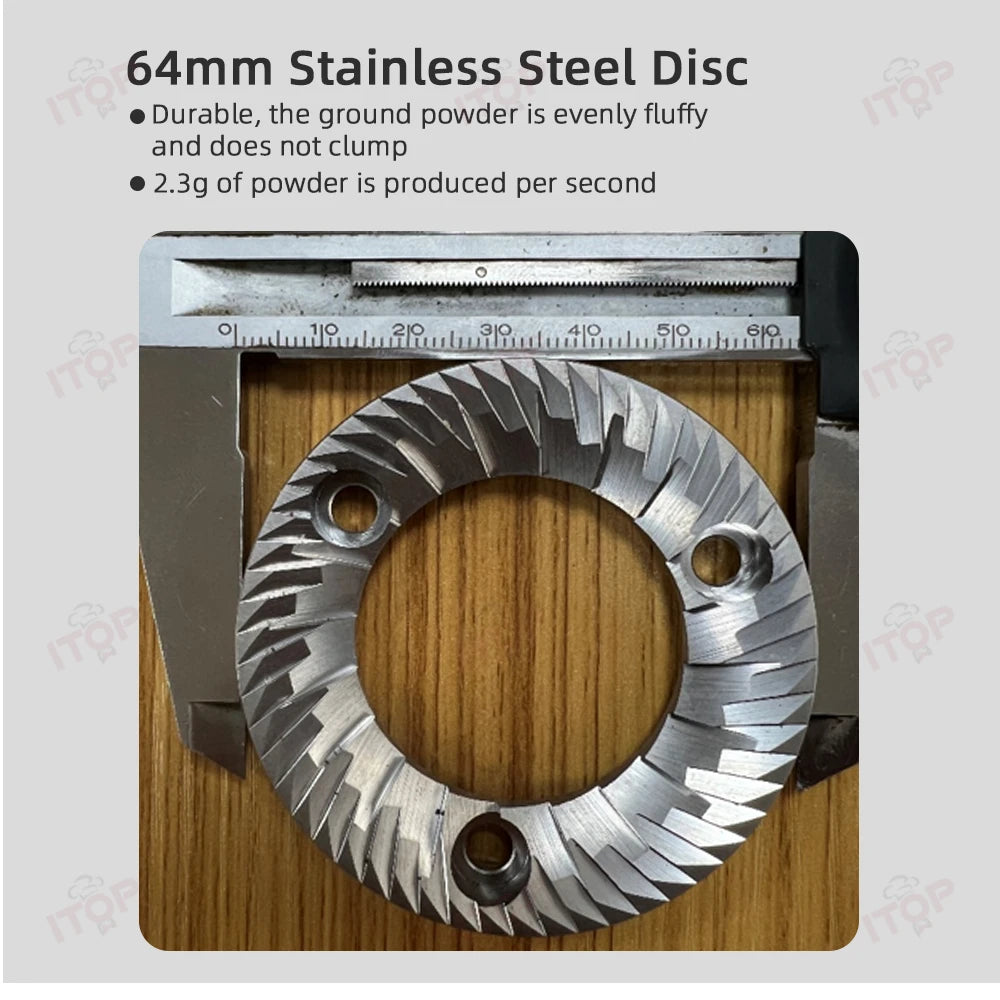 ITOP 64mm stainless steel flat burr disc for coffee grinders, measured with calipers for precision grinding.