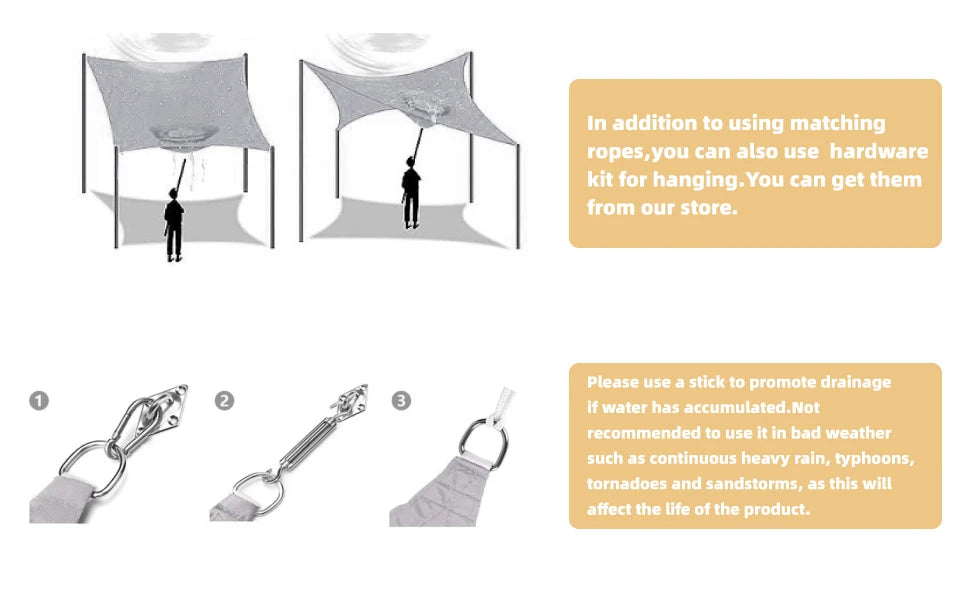 Shade sail canopy with grommets and corner straps displayed for installation