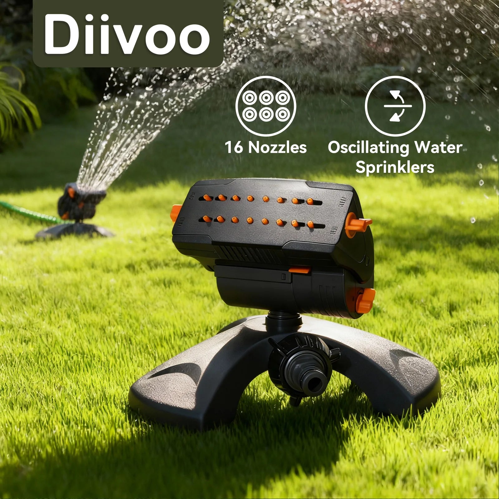 Oscillating water sprinkler on lawn with 16 nozzle head and orange range control