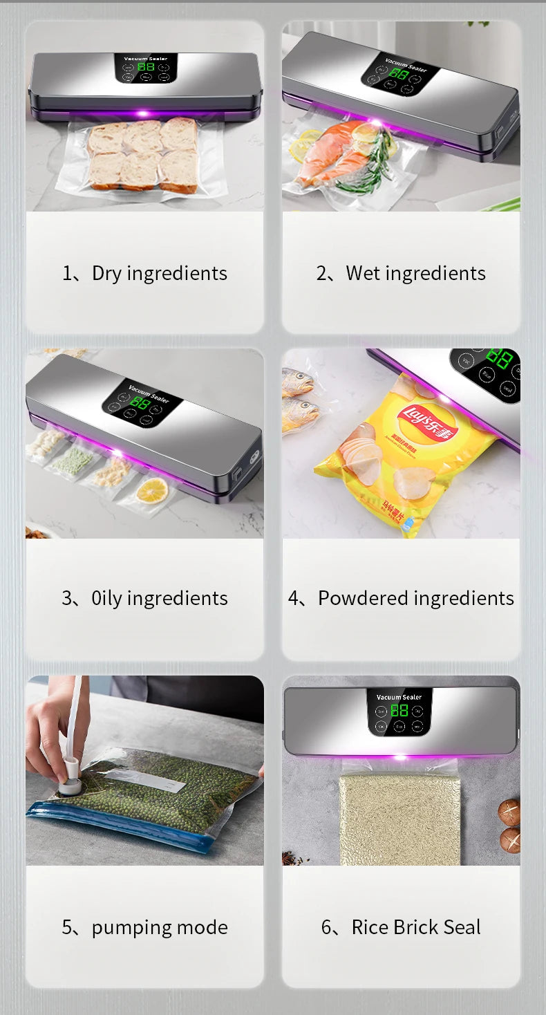Electric Vacuum Sealer Machine Dry/Wet Food Packaging Seal To Keep Fresh Touch Buttons Digital Display Detachable Cleaning