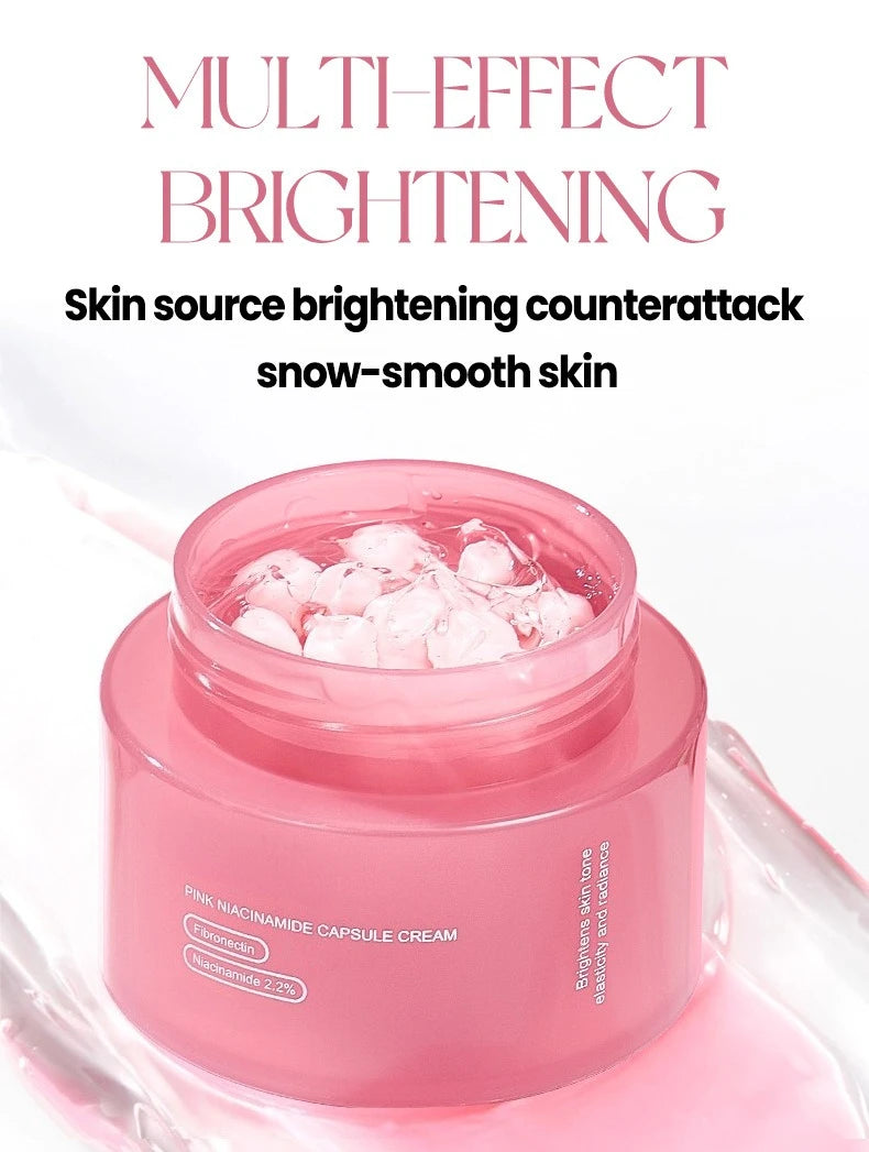 Pink jar of Collagen PDRN Capsule Cream with visible pink spheres inside clear gel, set on a glossy pink background.