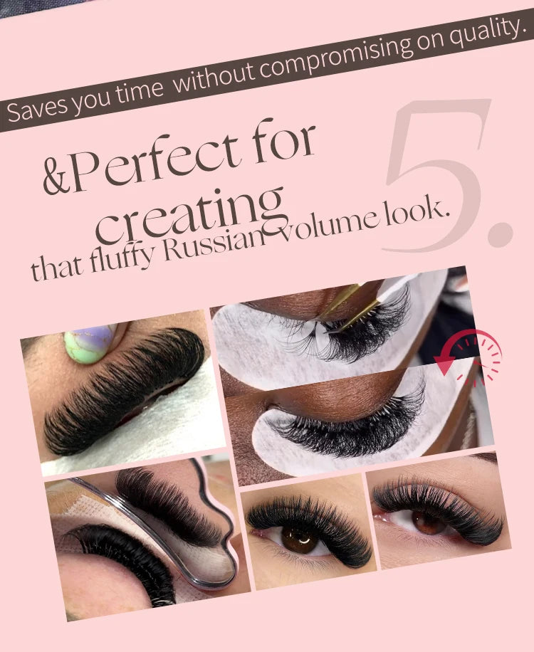 Abonnie black cashmere easy fan lashes showing application steps for a fluffy, mega volume Russian lash look.