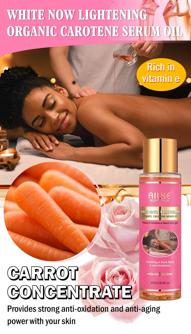 AILKE White Now Lightening Organic Carotene Serum Oil for dark spots, vegan anti-aging skin brightening bottle.