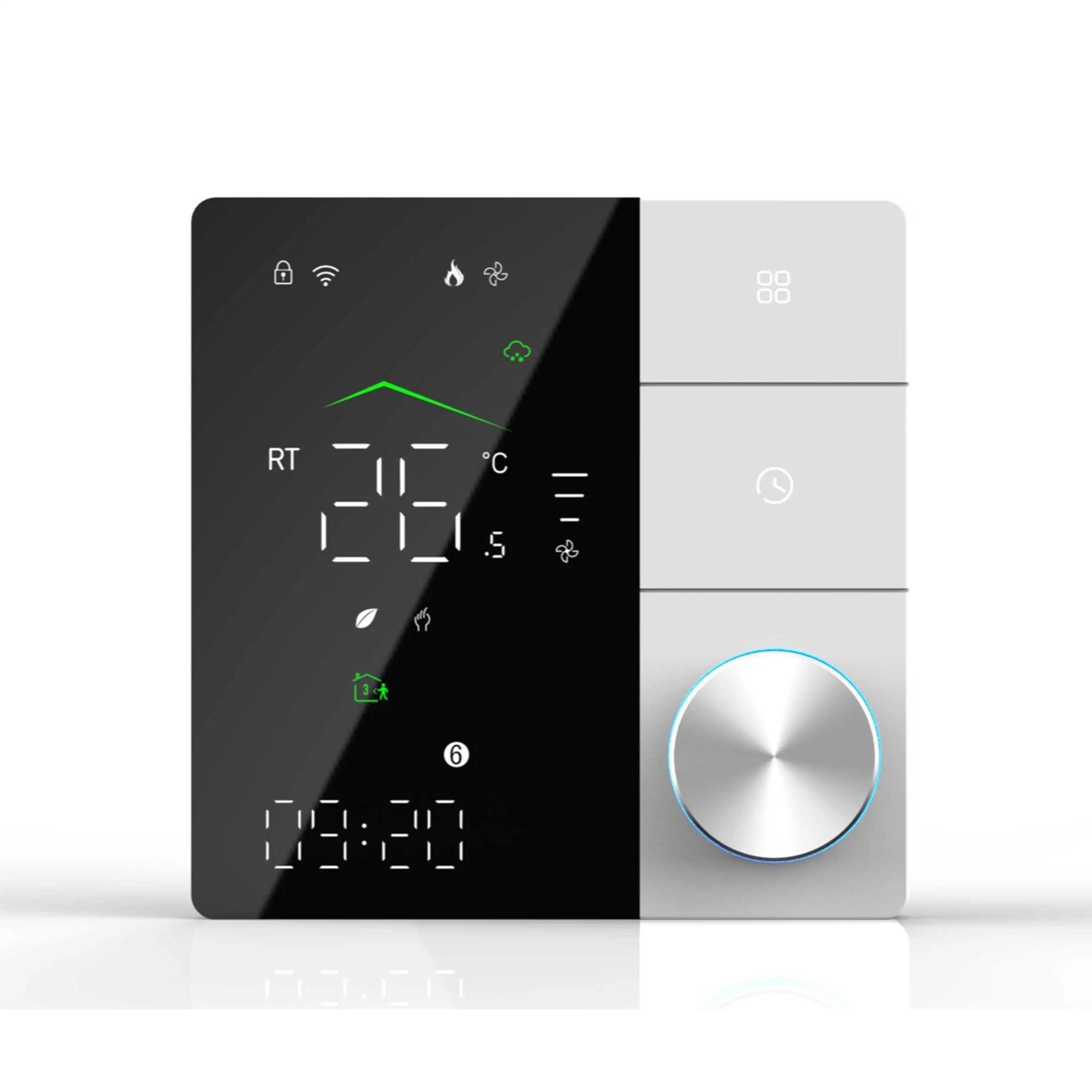 Heating thermostat with black and white panel, touchscreen icons and round temperature dial