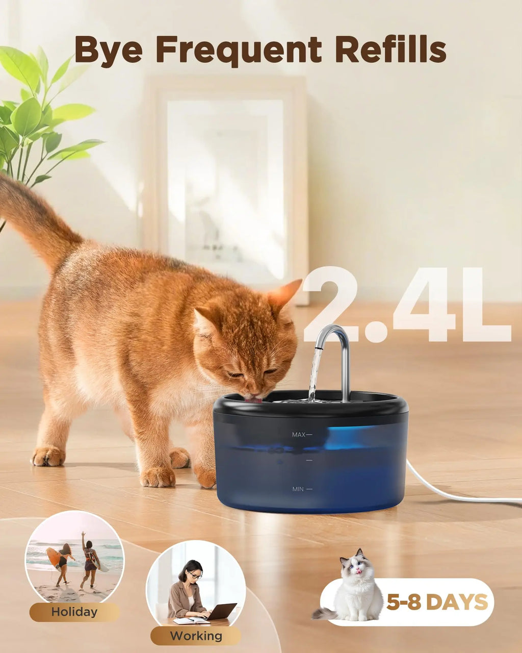Automatic Water Fountain: 2.4L Pet Water Fountain, Cat Water Fountain for Cats Indoor, Silent Water Bowls for Small Animal
