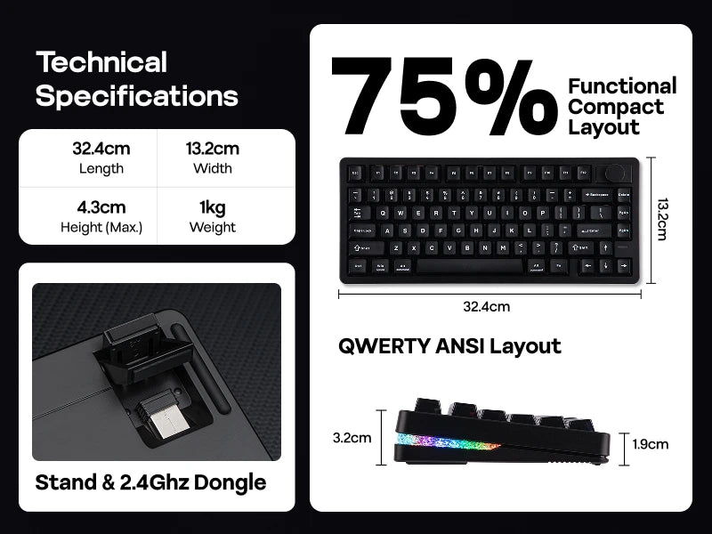 EPOMAKER HE75 V2 75% ANSI US Layout Tri-mode Wireless Hall Effect Gaming Keyboard 0.005mm Adjustable Actuation/Rapid Triggering