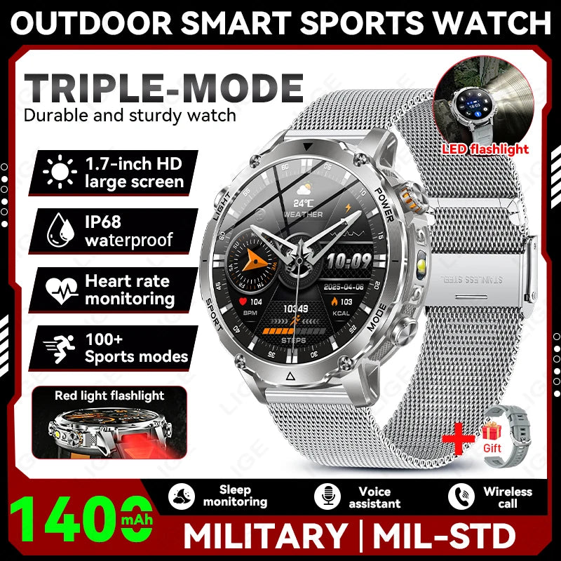 Silver mesh-belt smartwatch with round display and LED flashlight