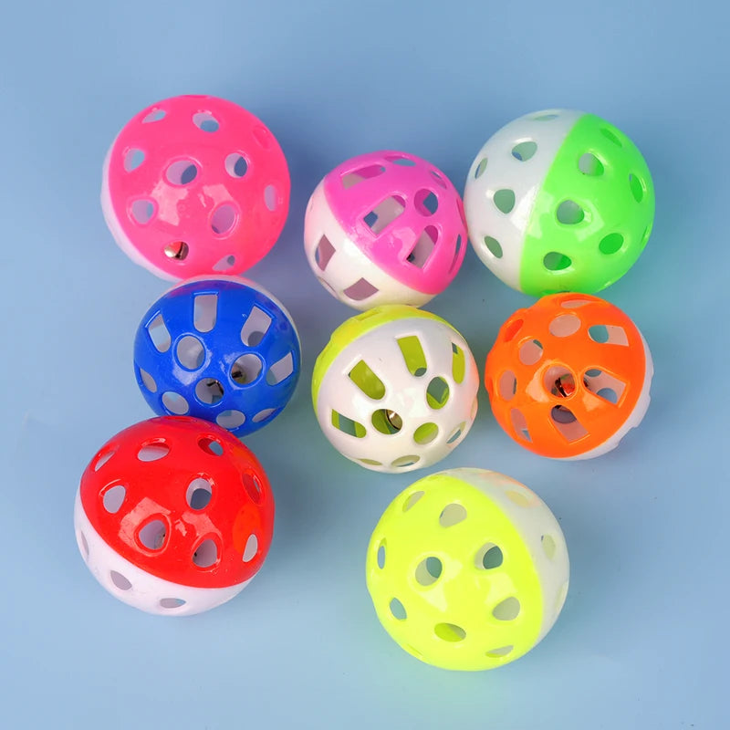 10pcs colorful hollow plastic bell balls for pet parrots, parakeets, and cockatiels to chew and play in their cage.