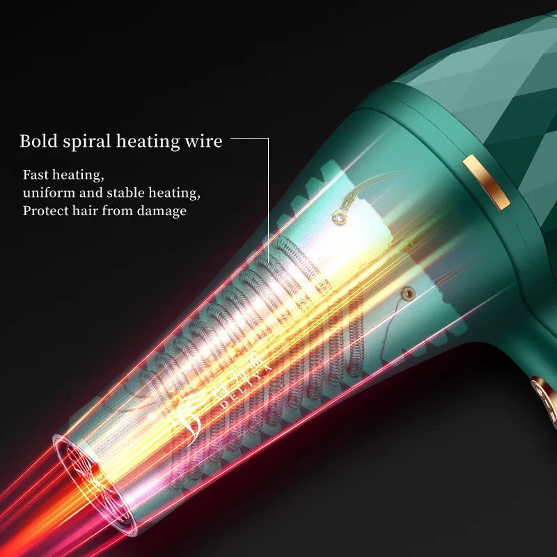 Green professional hair dryer with spiral heating wire for fast, stable, damage-free quick drying.