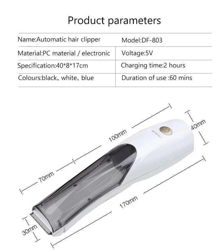 Portable white electric pet vacuum hair clipper for cats and dogs. Rechargeable grooming tool with 3 speed settings.