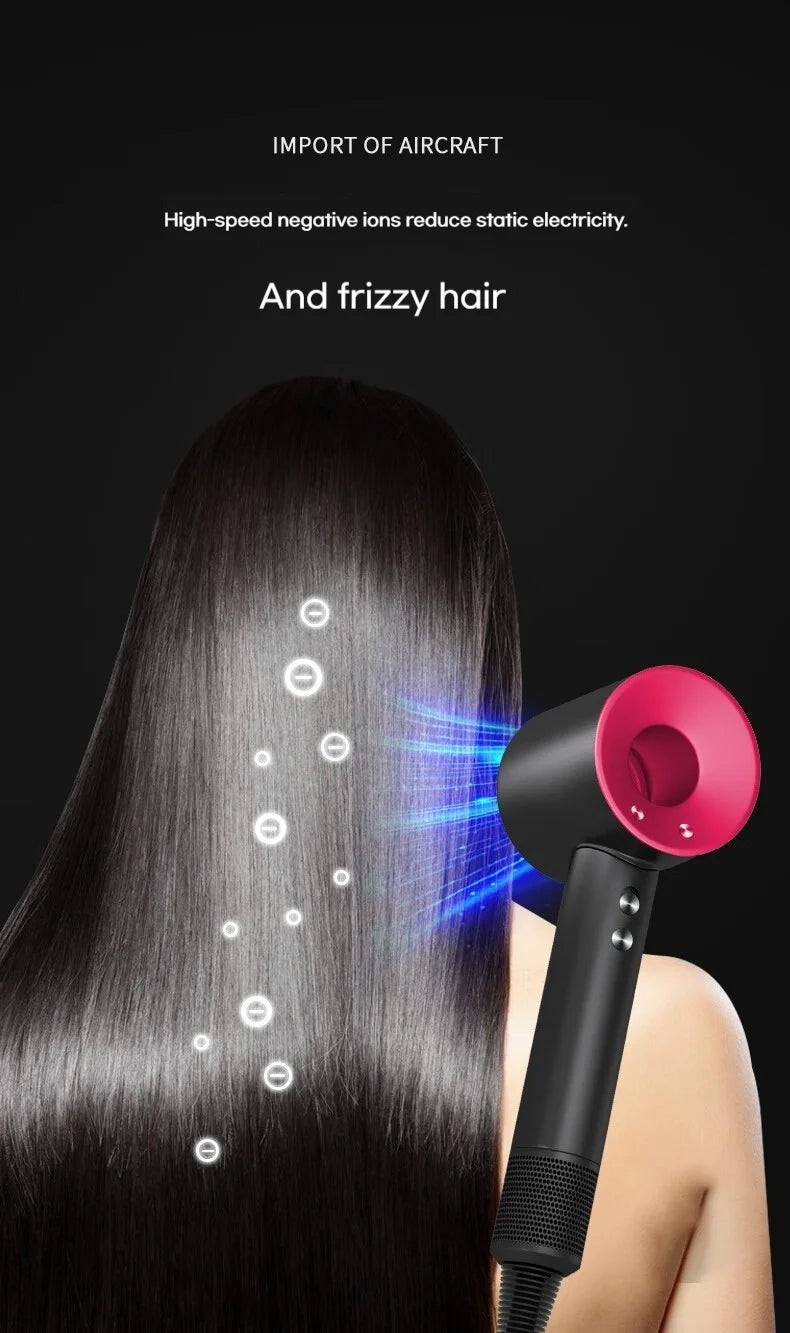 Black and fuchsia high-speed bladeless negative ion hair dryer smoothing long hair for a professional salon finish.
