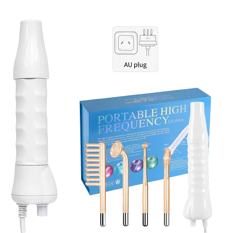White high-frequency facial wand with four glass electrodes, AU plug, and a blue product box.