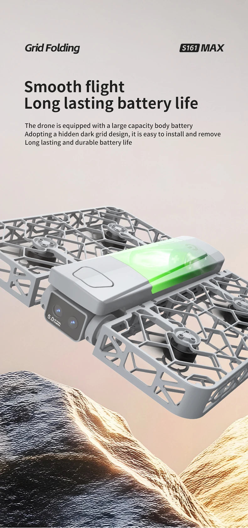 S161 MAX foldable gray drone with a grid-pattern protective frame, integrated battery, and front-facing camera.
