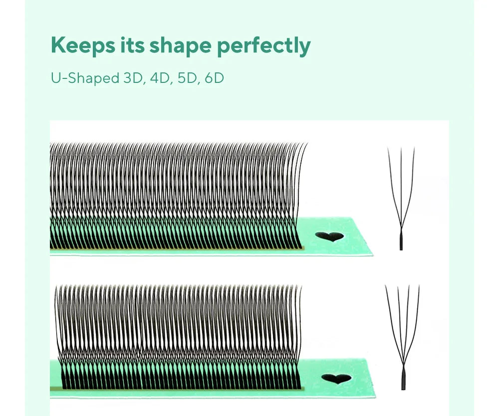 Black U-shaped premade eyelash extension fans on a green adhesive strip, showcasing 3D, 4D, 5D, and 6D styles.