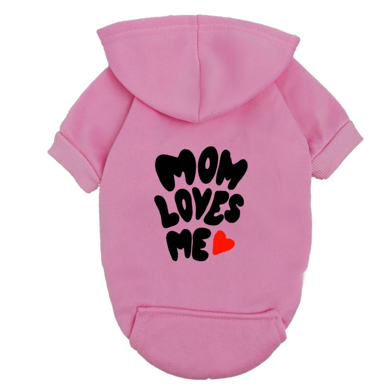 Pink Mom Loves Me dog hoodie for small dogs. Warm, cozy puppy sweater with a heart design for cute pet outfits.