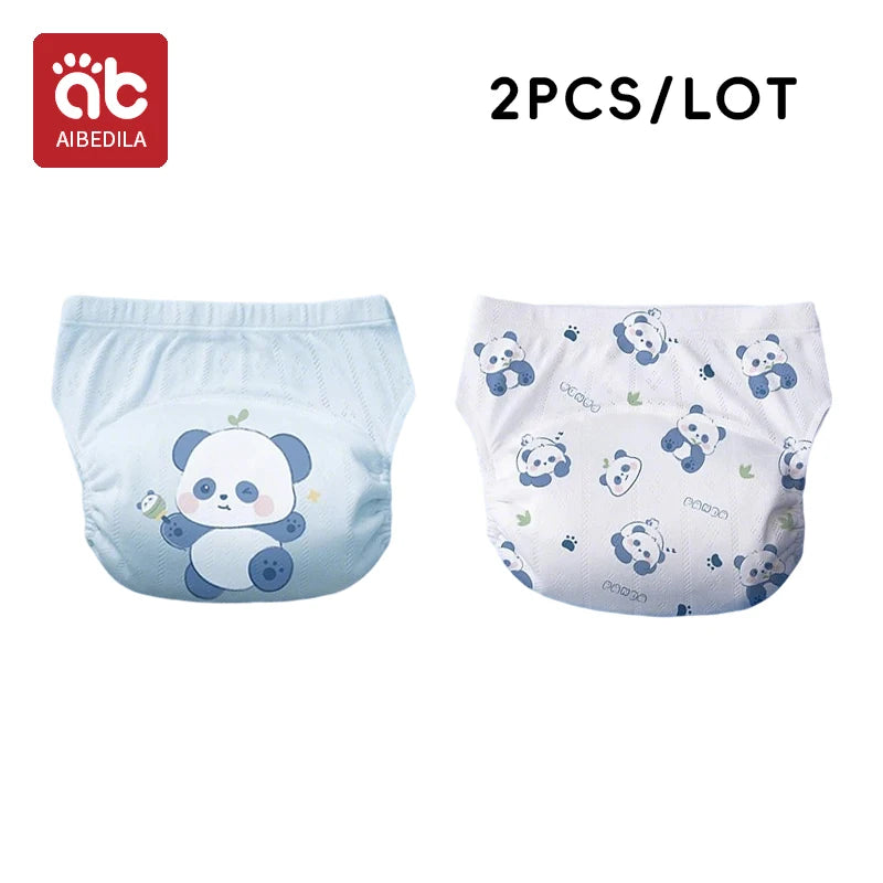 AIBEDILA baby training diaper set, 2-piece pack, featuring cute blue and white panda designs for infants.