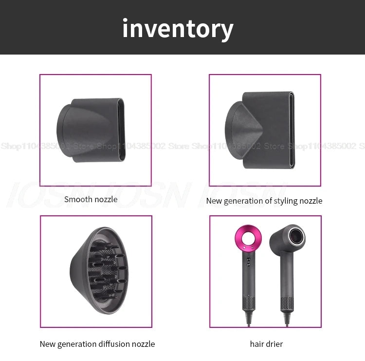 Grey leafless negative ion hair dryer with styling, smoothing, and diffusion nozzle attachments for professional styling.
