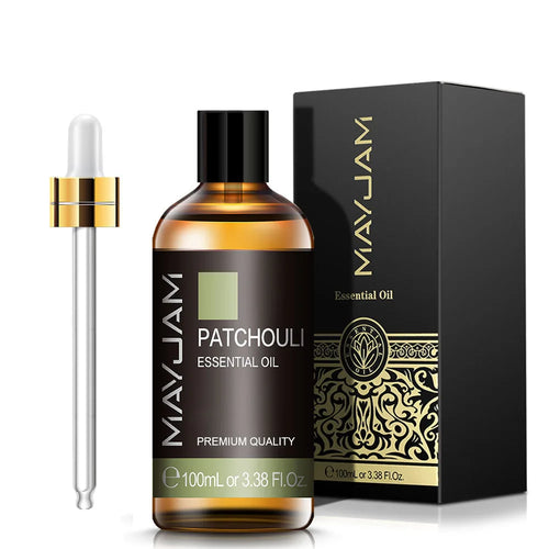 Mayjam Patchouli essential oil in amber glass bottle with dropper for aromatherapy wellness and relaxation.