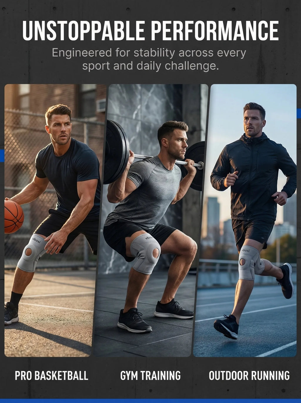 VBOSI Adjustable Open Patella Knee Support Brace Anti-slip Knee Pad for Arthritis Pain Relief Sports Fitness Running