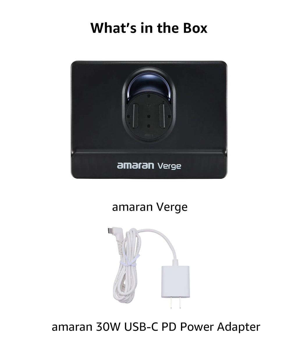 Amaran Verge black charging base and white 30W USB-C power adapter with cable for device power.