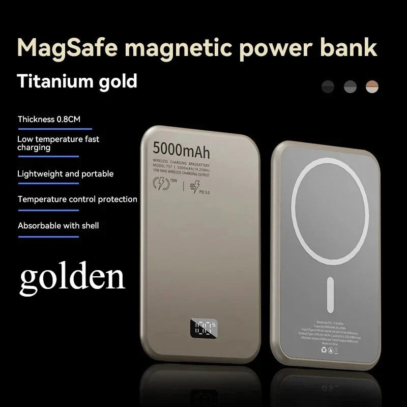 Magnetic Wireless Power Bank 5000mAh - 20W PD Fast Charging Portable Charger Golden 5000mAh Tidesmit