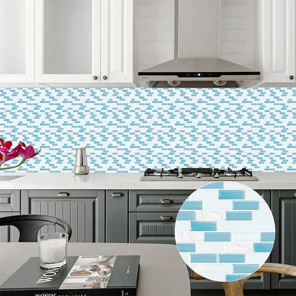 Blue and white 3D mosaic tile wall sticker backsplash, rectangular brick pattern
