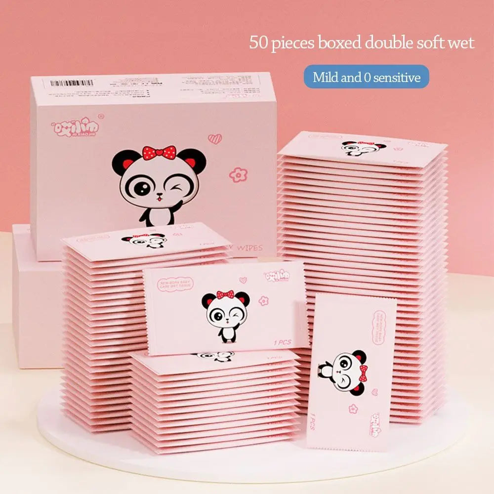 50-count baby care sensitive wet wipes in pink panda-themed box. Gentle, soft individual travel packs.
