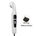 White handheld ultrasound physiotherapy device for muscle pain relief, with US power plug and ergonomic design.