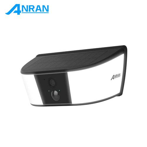 Solar WiFi floodlight security camera with dual lens modules, white and dark housing