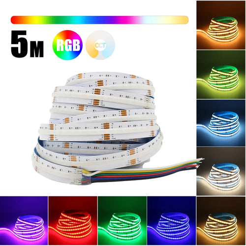 Coiled 5m COB RGB+CCT LED strip light roll with multicolor glow and wire leads